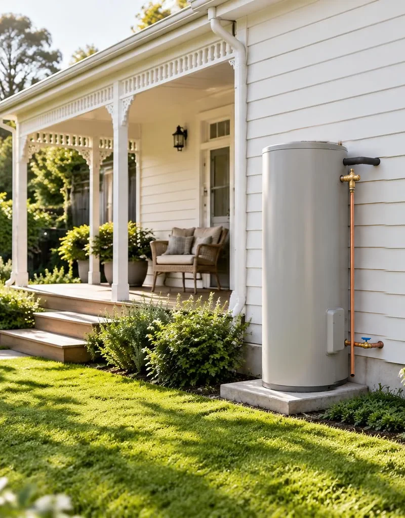 Illustrative residential electric hot water cylinder beside an Australian home; generated image, not a local installation